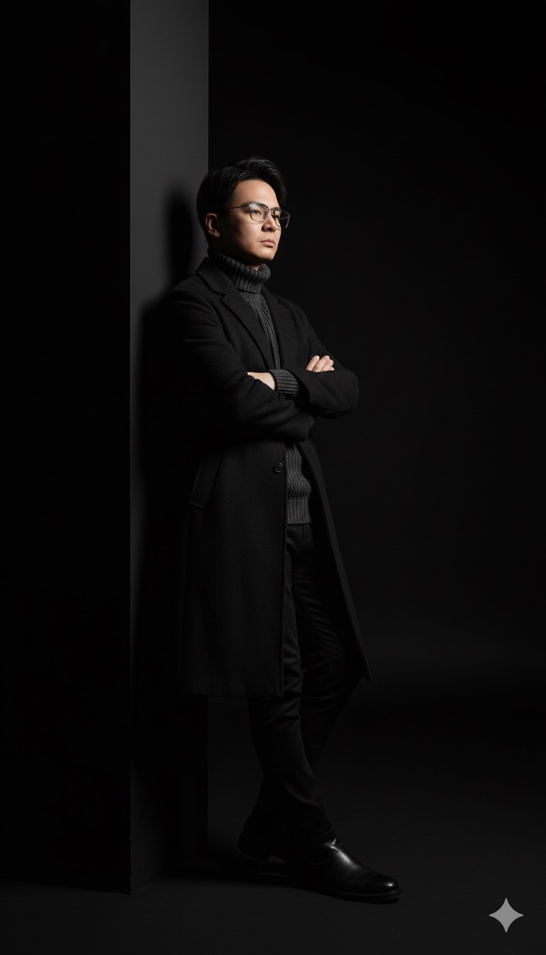 Full-length studio portrait of Gael in black coat